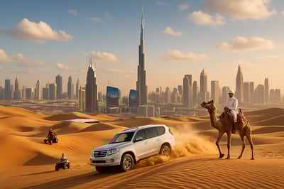 Dubai skyline with Burj Khalifa and desert adventures